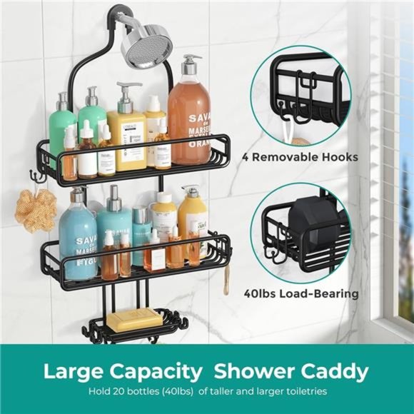Adjustable Large Shower Organizer - Rust Proof Bathroom Shelf w/ 3-Tier Baskets - Picture 5 of 7